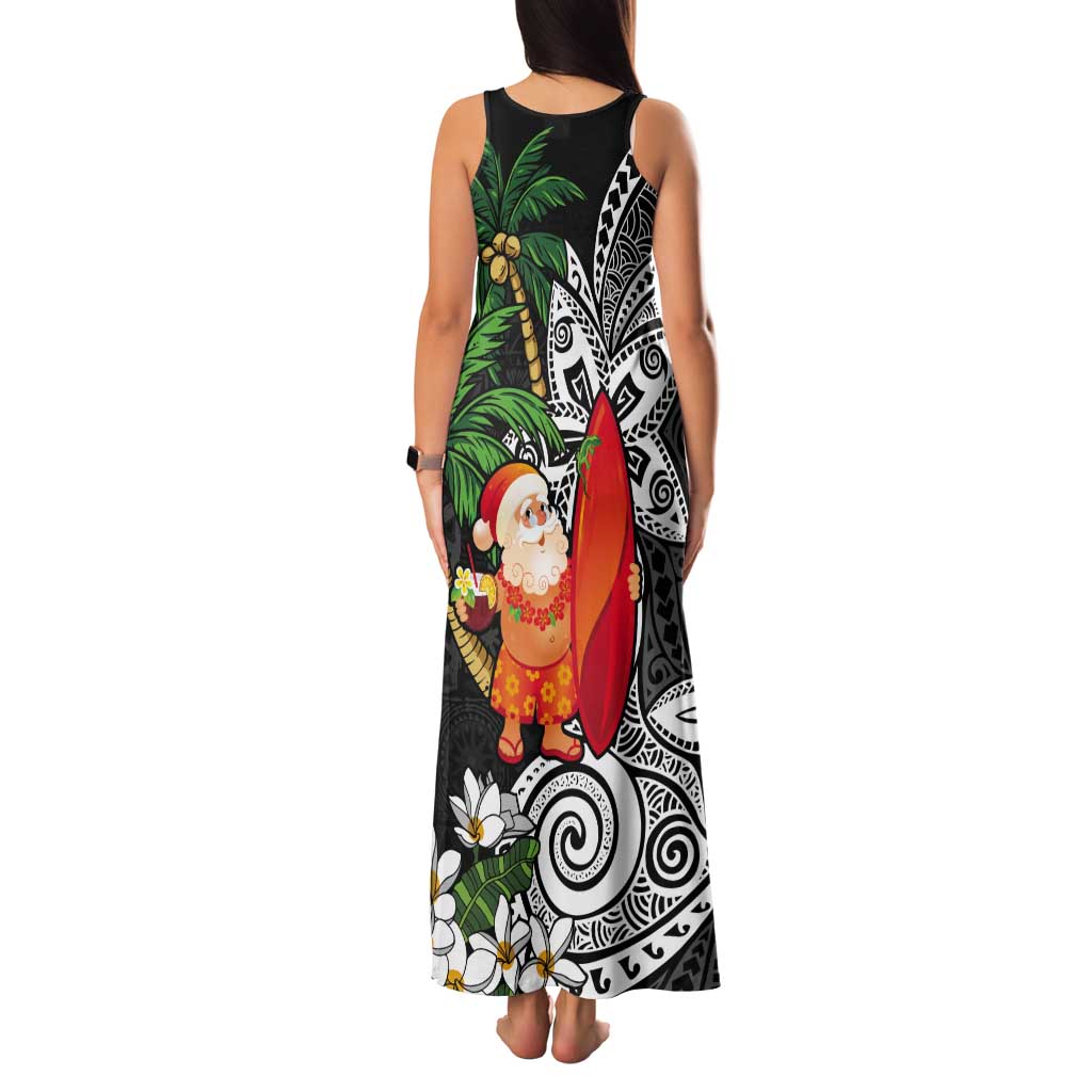Polynesian Tank Maxi Dress Tropical Santa - Plumeria Black Vintage