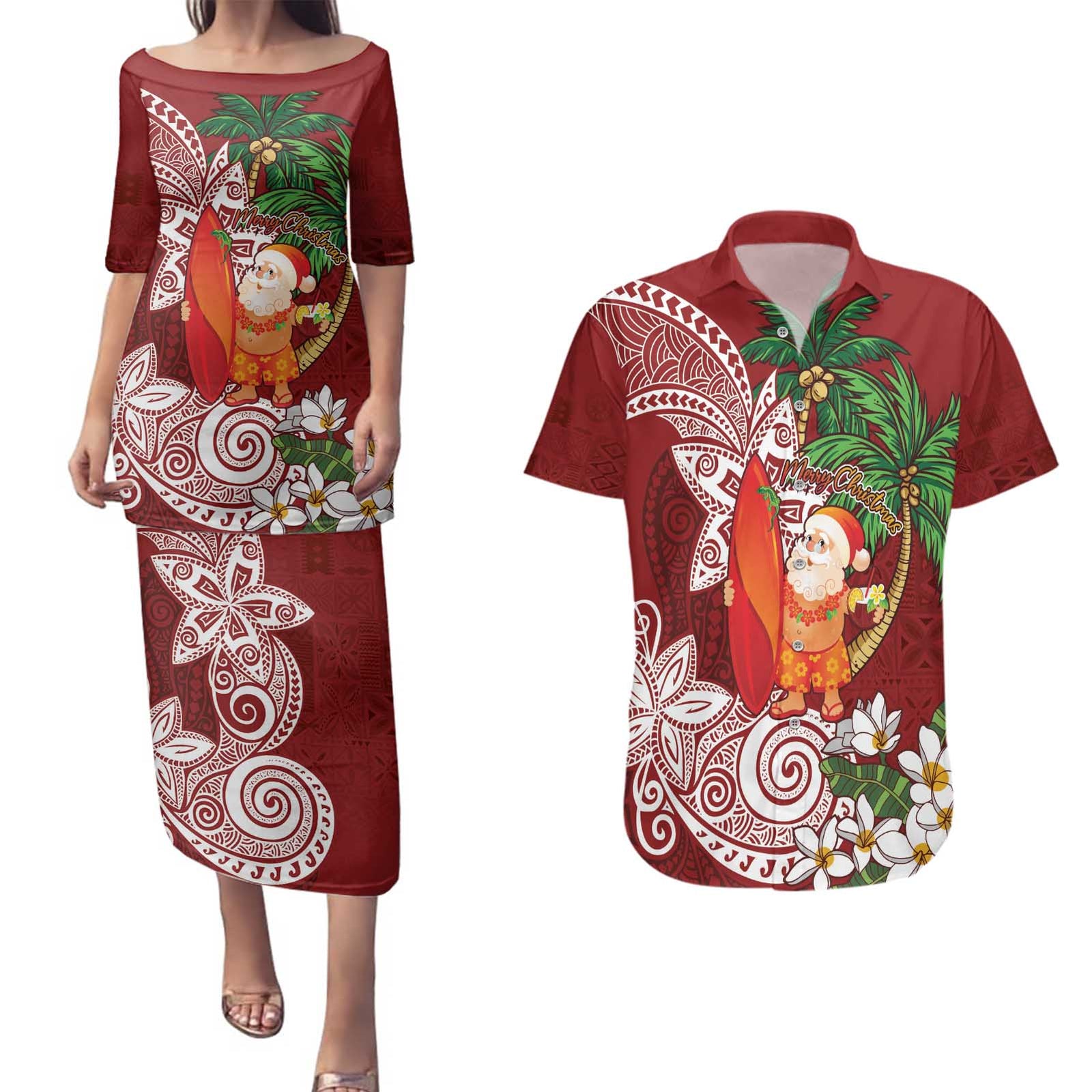 Polynesian Couples Matching Puletasi and Hawaiian Shirt Tropical Santa - Plumeria Red Vintage