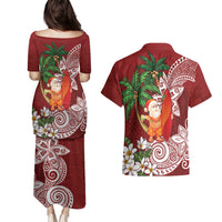 Polynesian Couples Matching Puletasi and Hawaiian Shirt Tropical Santa - Plumeria Red Vintage