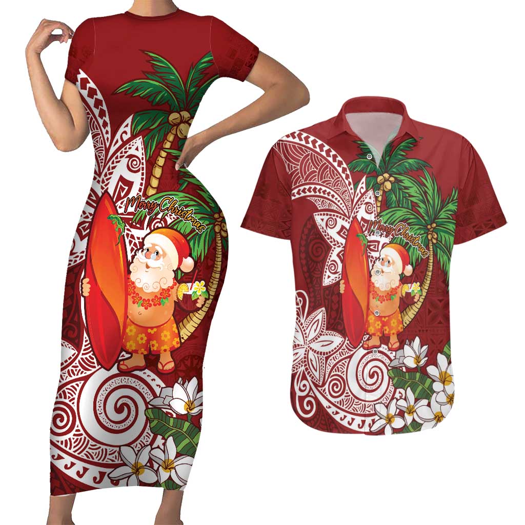 Polynesian Couples Matching Short Sleeve Bodycon Dress and Hawaiian Shirt Tropical Santa - Plumeria Red Vintage