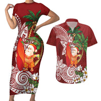 Polynesian Couples Matching Short Sleeve Bodycon Dress and Hawaiian Shirt Tropical Santa - Plumeria Red Vintage