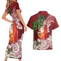 Polynesian Couples Matching Short Sleeve Bodycon Dress and Hawaiian Shirt Tropical Santa - Plumeria Red Vintage