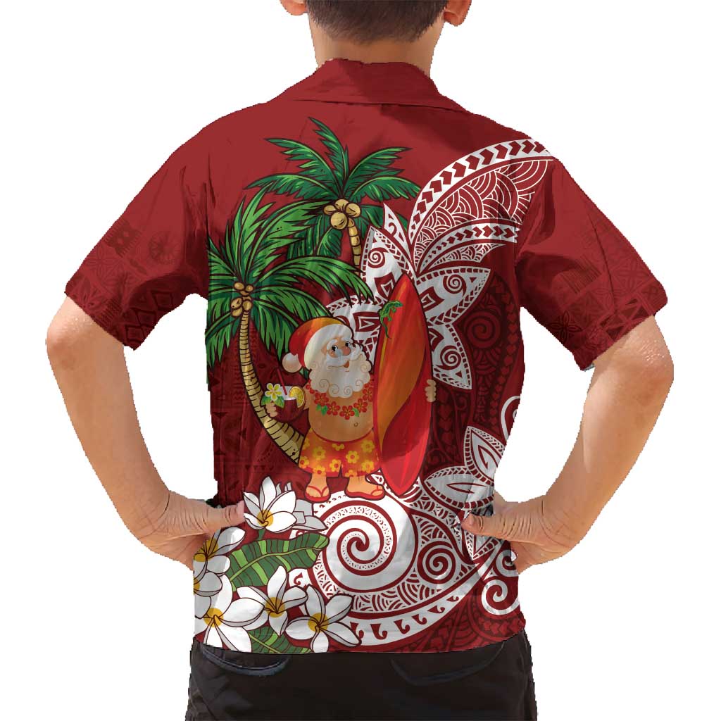 Polynesian Family Matching Long Sleeve Bodycon Dress and Hawaiian Shirt Tropical Santa - Plumeria Red Vintage