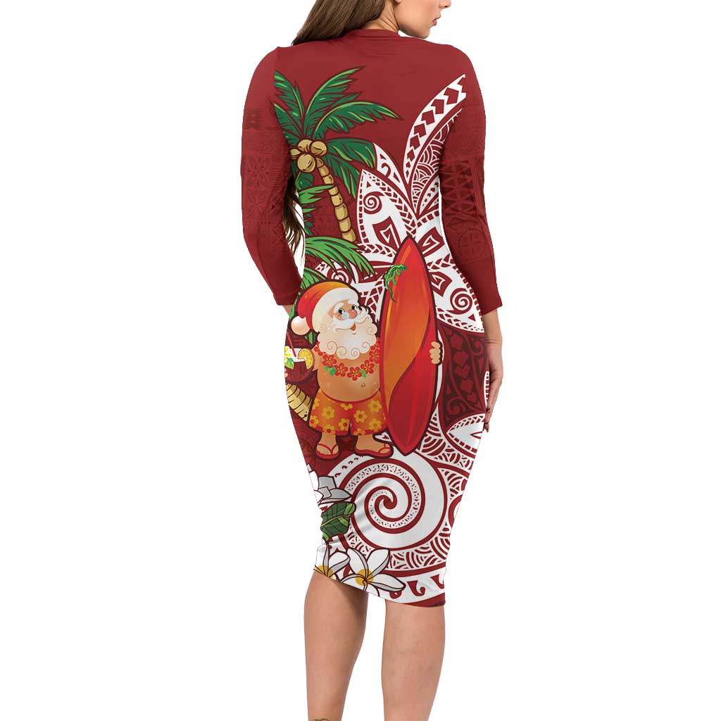 Polynesian Family Matching Long Sleeve Bodycon Dress and Hawaiian Shirt Tropical Santa - Plumeria Red Vintage