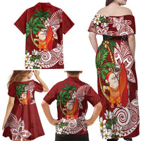 Polynesian Family Matching Off Shoulder Maxi Dress and Hawaiian Shirt Tropical Santa - Plumeria Red Vintage