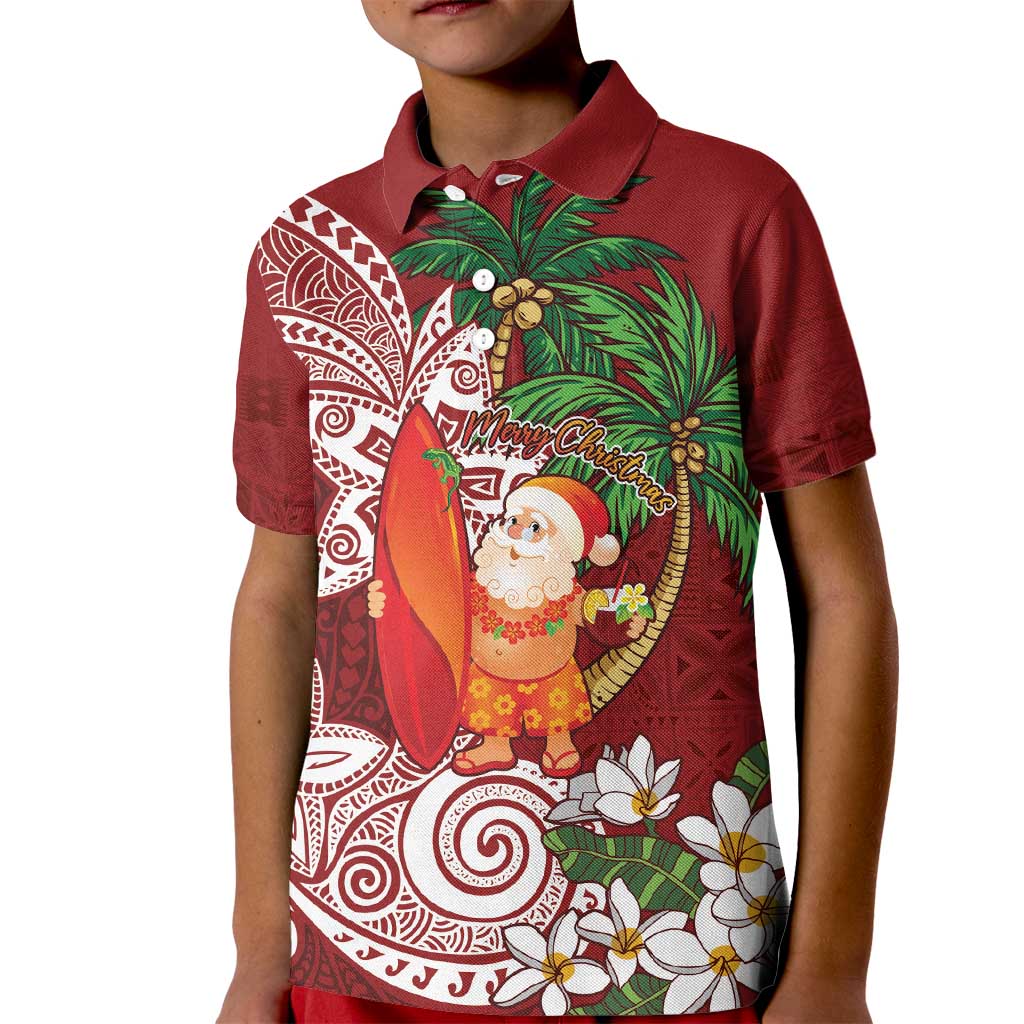 Polynesian Kid Polo Shirt Tropical Santa - Plumeria Red Vintage LT7 Kid Red - Polynesian Pride