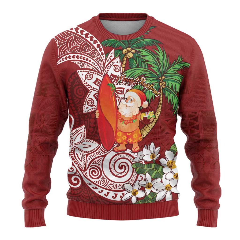 Polynesian Ugly Christmas Sweater Tropical Santa - Plumeria Red Vintage