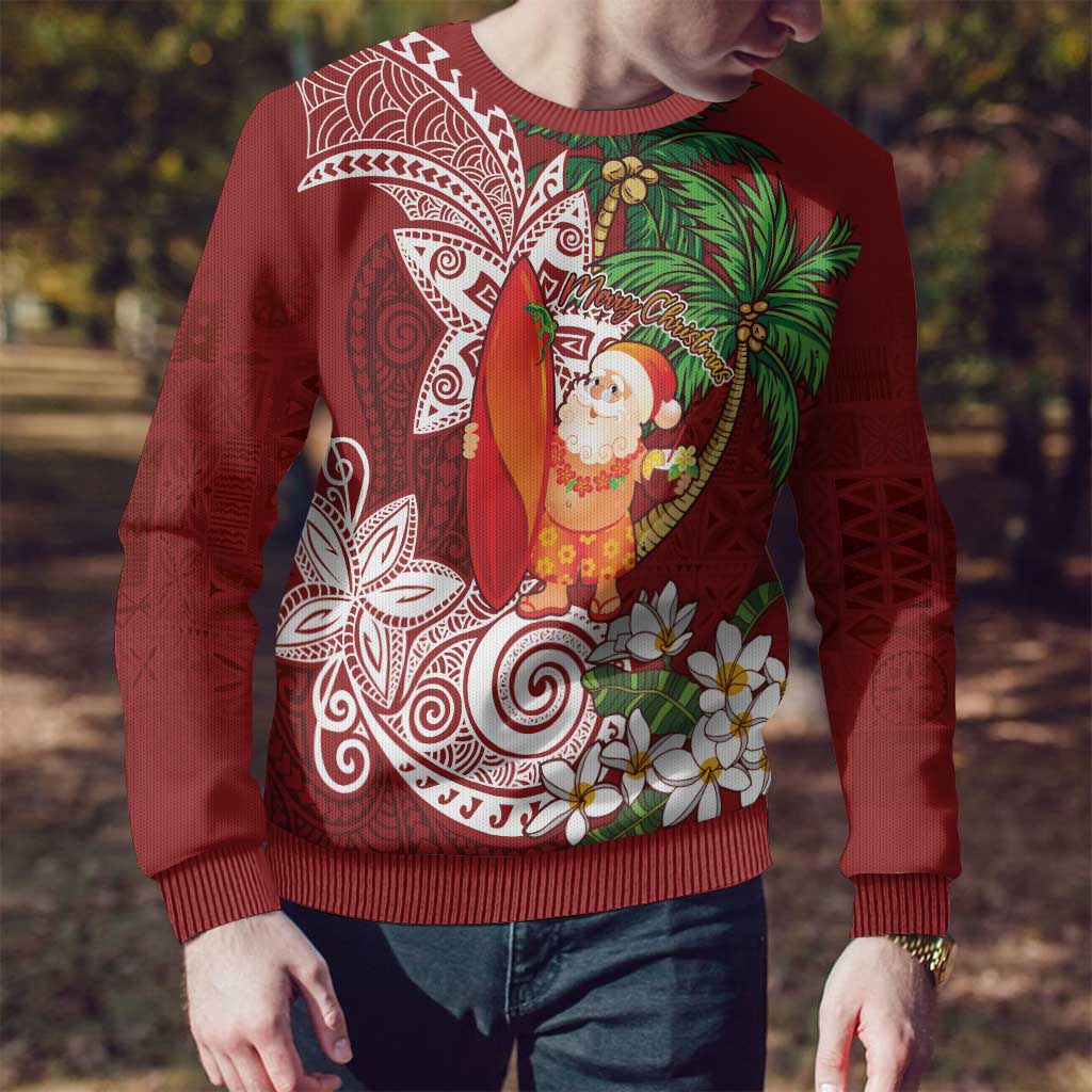 Polynesian Ugly Christmas Sweater Tropical Santa - Plumeria Red Vintage