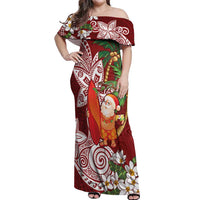 Polynesian Off Shoulder Maxi Dress Tropical Santa - Plumeria Red Vintage LT7 Women Red - Polynesian Pride