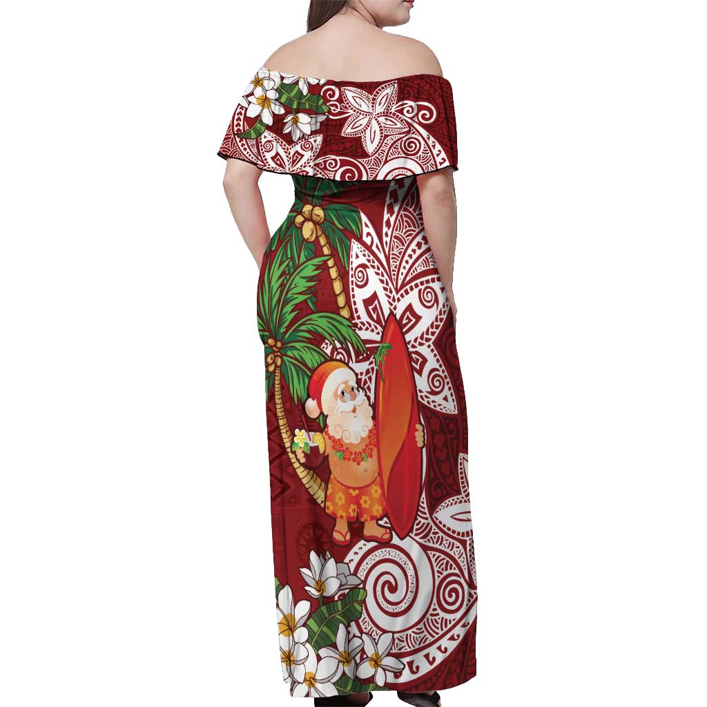 Polynesian Off Shoulder Maxi Dress Tropical Santa - Plumeria Red Vintage LT7 - Polynesian Pride