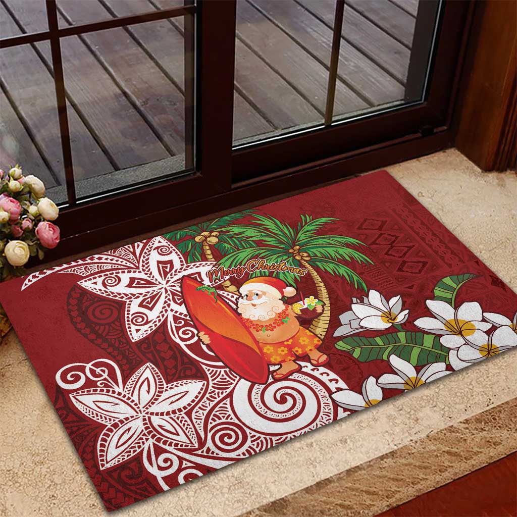 Polynesian Rubber Doormat Tropical Santa - Plumeria Red Vintage