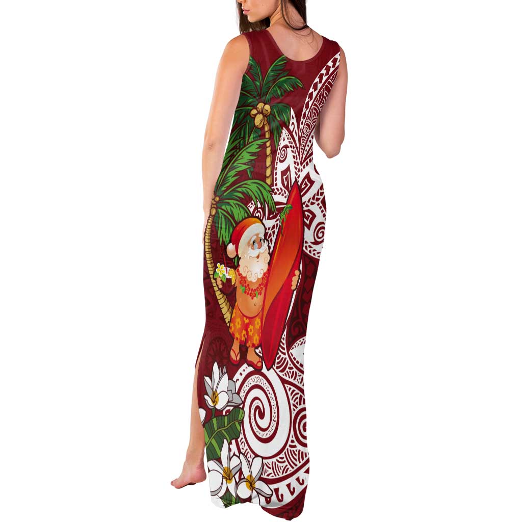 Polynesian Tank Maxi Dress Tropical Santa - Plumeria Red Vintage