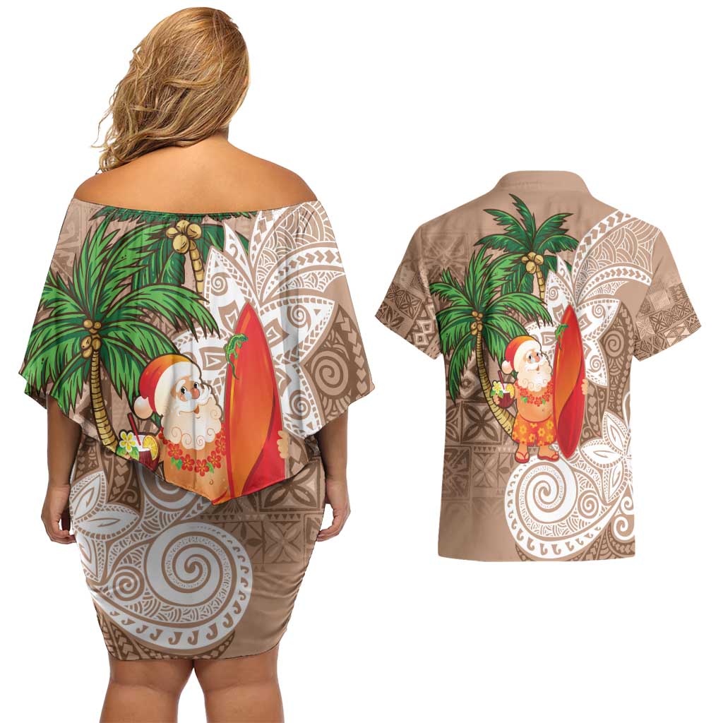 Polynesian Couples Matching Off Shoulder Short Dress and Hawaiian Shirt Tropical Santa - Plumeria Beige Vintage