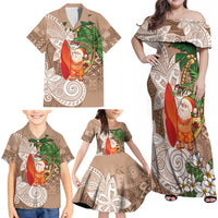 Polynesian Family Matching Off Shoulder Maxi Dress and Hawaiian Shirt Tropical Santa - Plumeria Beige Vintage