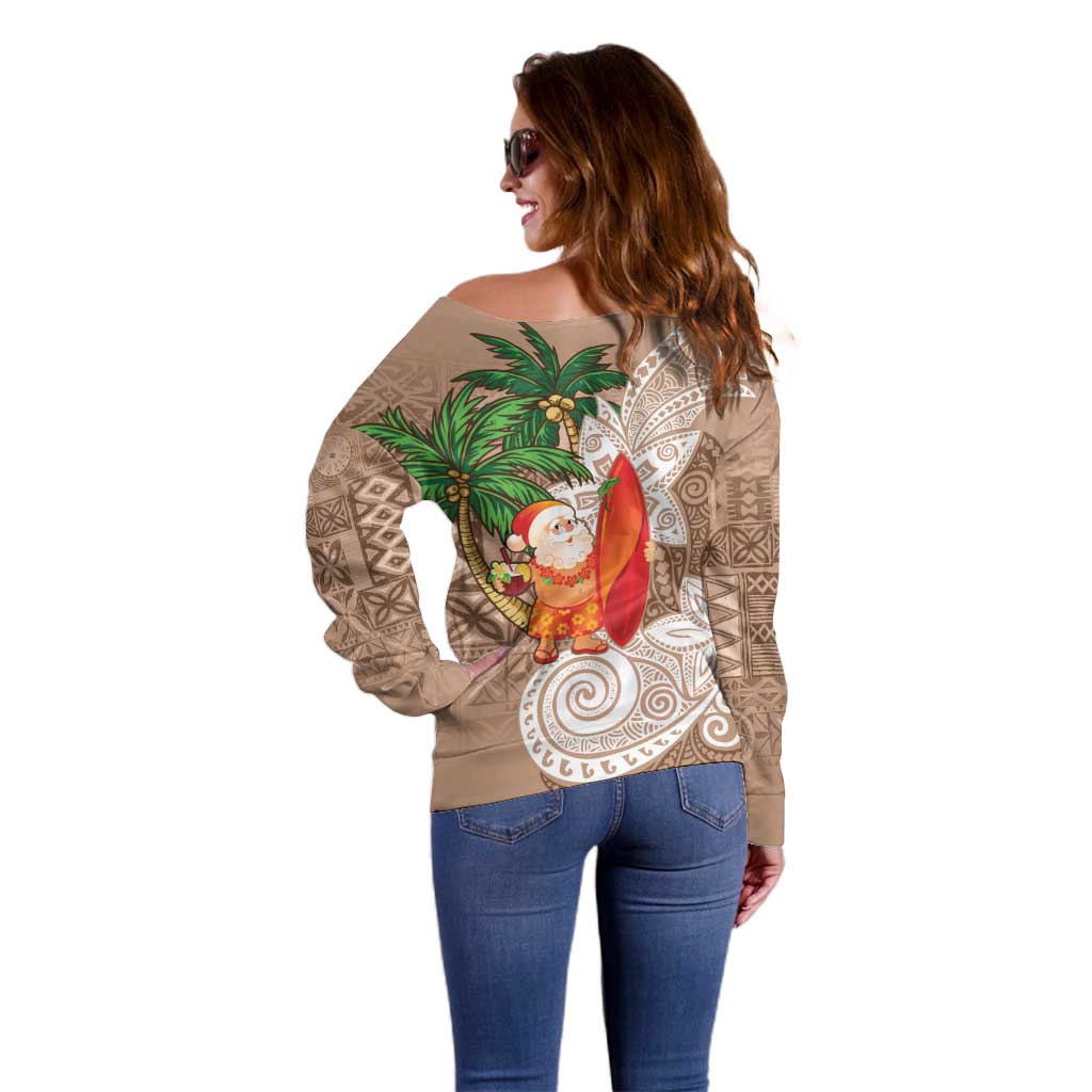Polynesian Off Shoulder Sweater Tropical Santa - Plumeria Beige Vintage