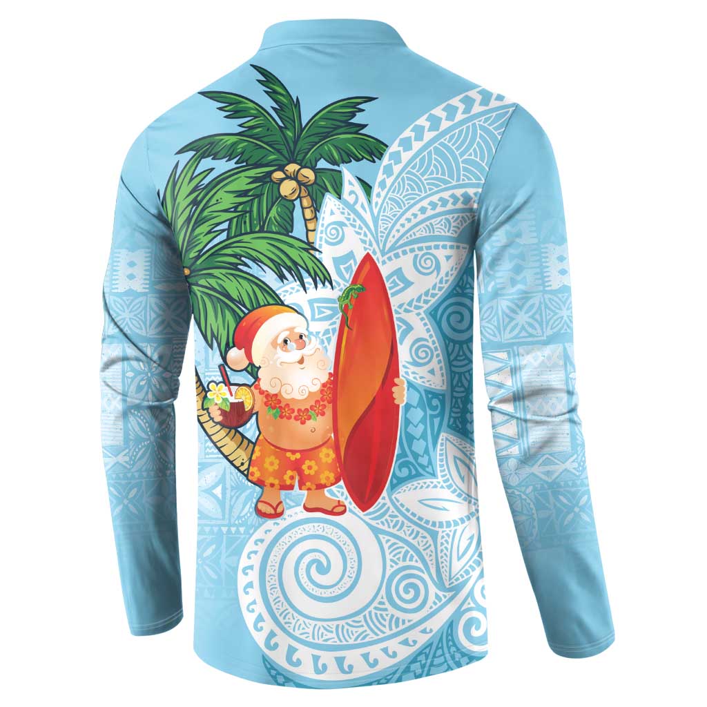 Polynesian Button Sweatshirt Tropical Santa - Plumeria Turquoise Vintage