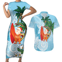 Polynesian Couples Matching Short Sleeve Bodycon Dress and Hawaiian Shirt Tropical Santa - Plumeria Turquoise Vintage