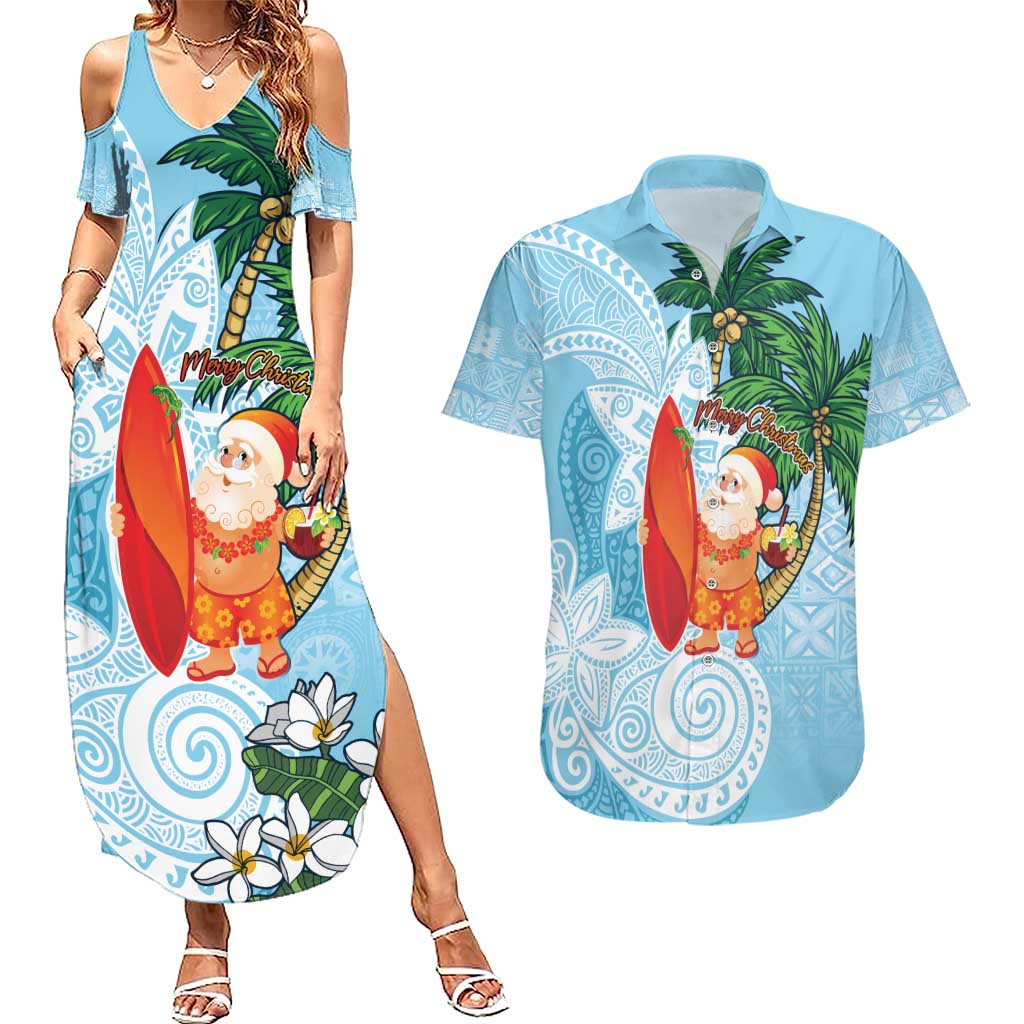 Polynesian Couples Matching Summer Maxi Dress and Hawaiian Shirt Tropical Santa - Plumeria Turquoise Vintage