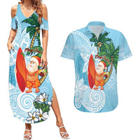 Polynesian Couples Matching Summer Maxi Dress and Hawaiian Shirt Tropical Santa - Plumeria Turquoise Vintage
