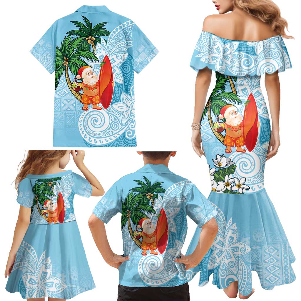 Polynesian Family Matching Mermaid Dress and Hawaiian Shirt Tropical Santa - Plumeria Turquoise Vintage