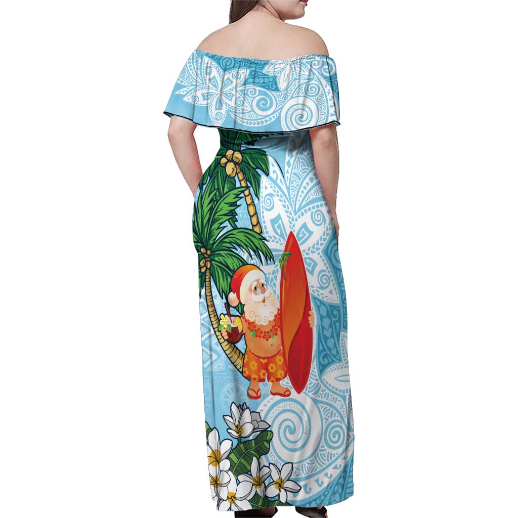 Polynesian Family Matching Off Shoulder Maxi Dress and Hawaiian Shirt Tropical Santa - Plumeria Turquoise Vintage