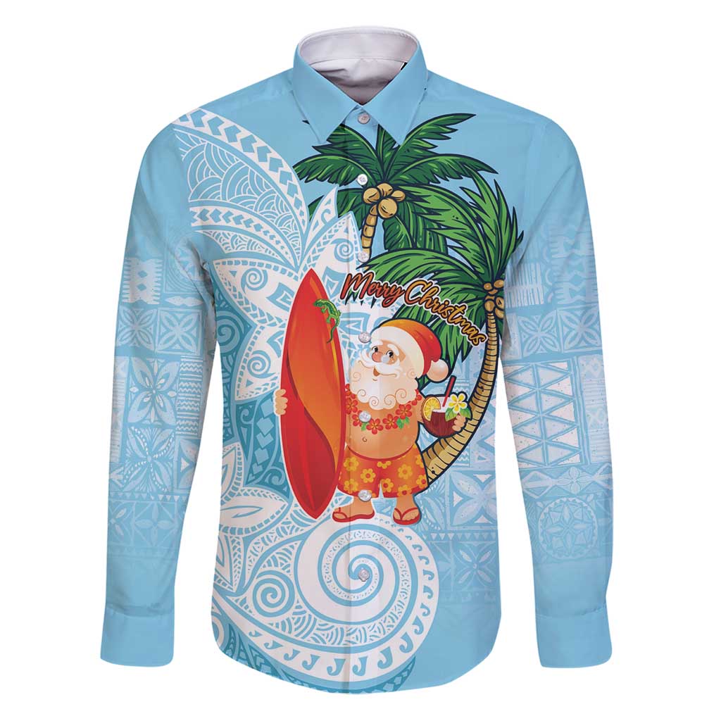 Polynesian Family Matching Puletasi and Hawaiian Shirt Tropical Santa - Plumeria Turquoise Vintage