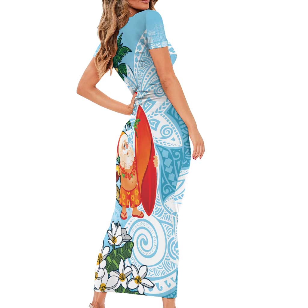 Polynesian Family Matching Short Sleeve Bodycon Dress and Hawaiian Shirt Tropical Santa - Plumeria Turquoise Vintage