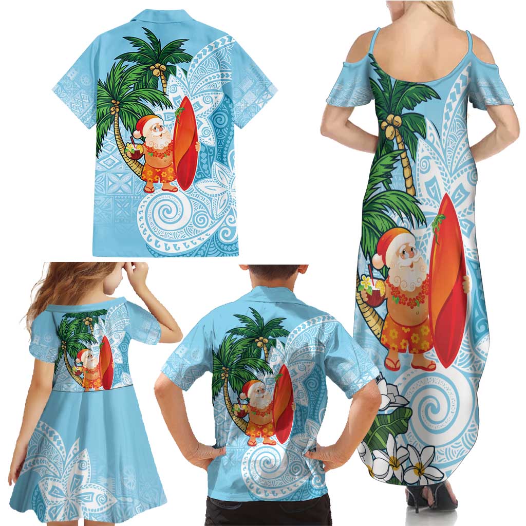 Polynesian Family Matching Summer Maxi Dress and Hawaiian Shirt Tropical Santa - Plumeria Turquoise Vintage