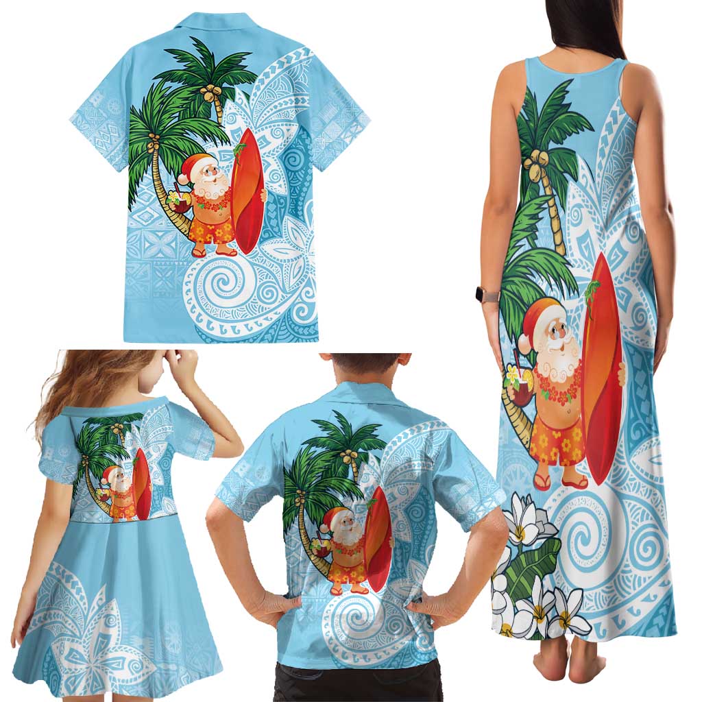 Polynesian Family Matching Tank Maxi Dress and Hawaiian Shirt Tropical Santa - Plumeria Turquoise Vintage