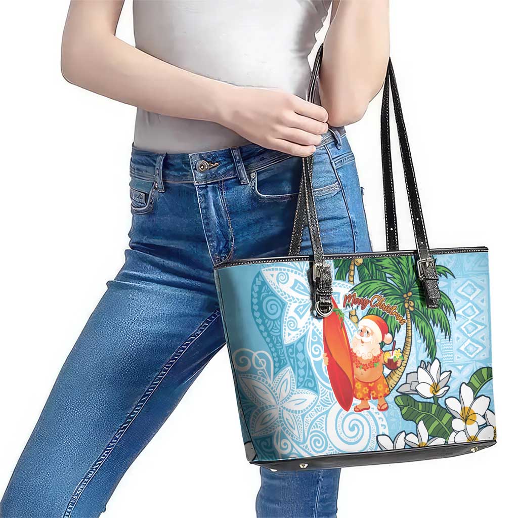 Polynesian Leather Tote Bag Tropical Santa - Plumeria Turquoise Vintage