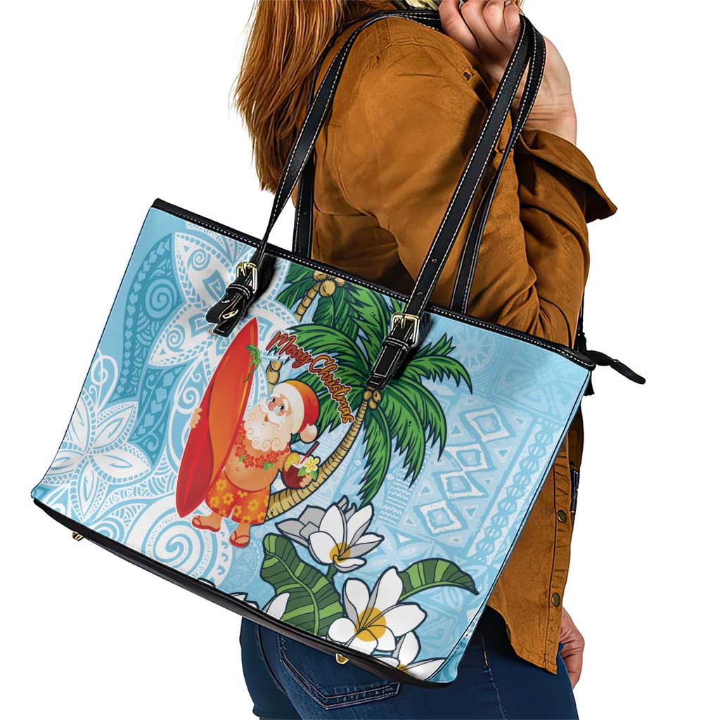Polynesian Leather Tote Bag Tropical Santa - Plumeria Turquoise Vintage