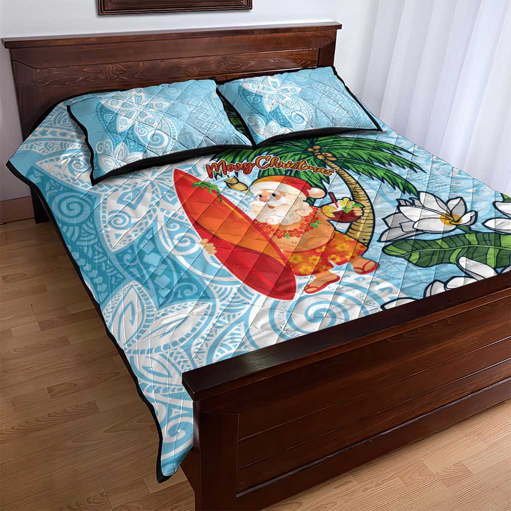 Polynesian Quilt Bed Set Tropical Santa - Plumeria Turquoise Vintage