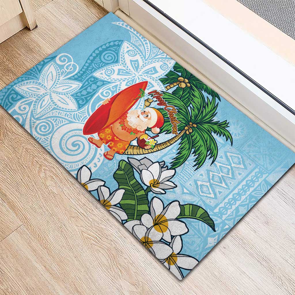 Polynesian Rubber Doormat Tropical Santa - Plumeria Turquoise Vintage