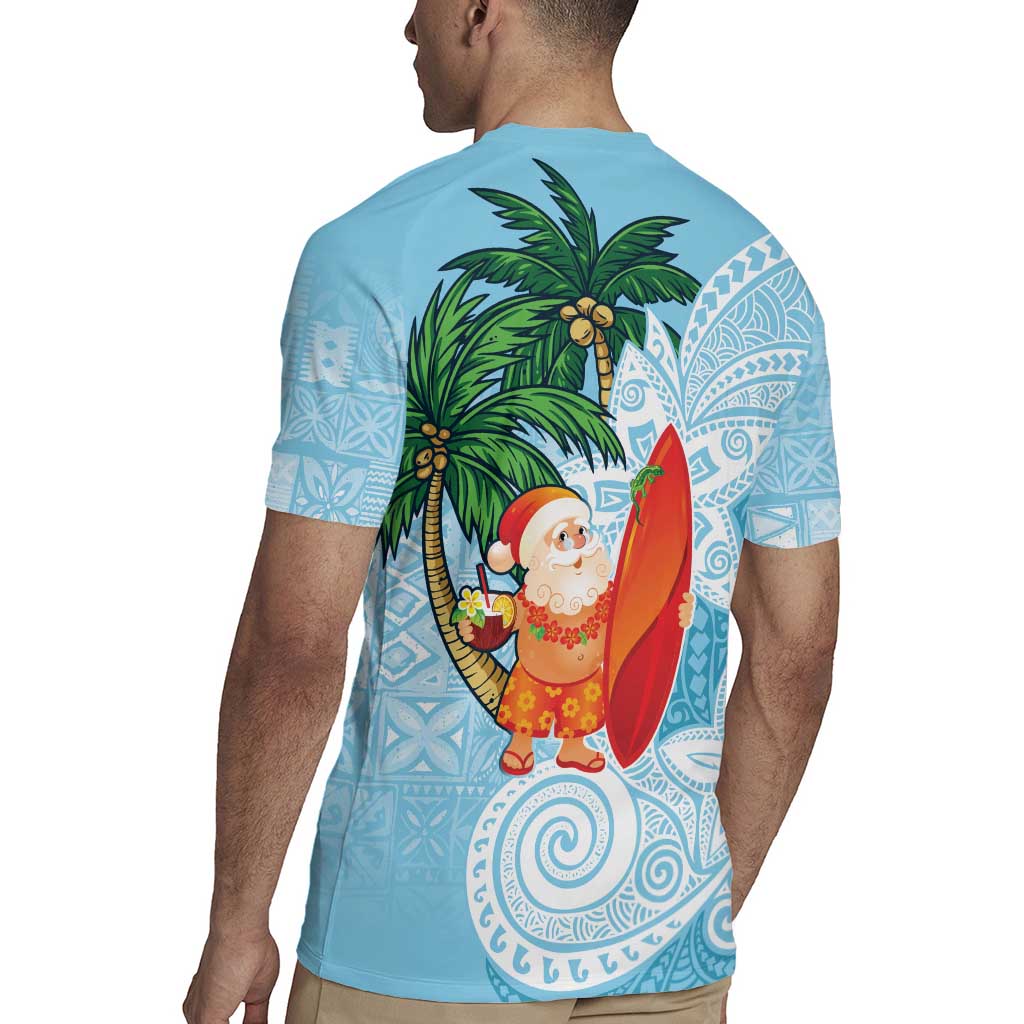 Polynesian Rugby Jersey Tropical Santa - Plumeria Turquoise Vintage