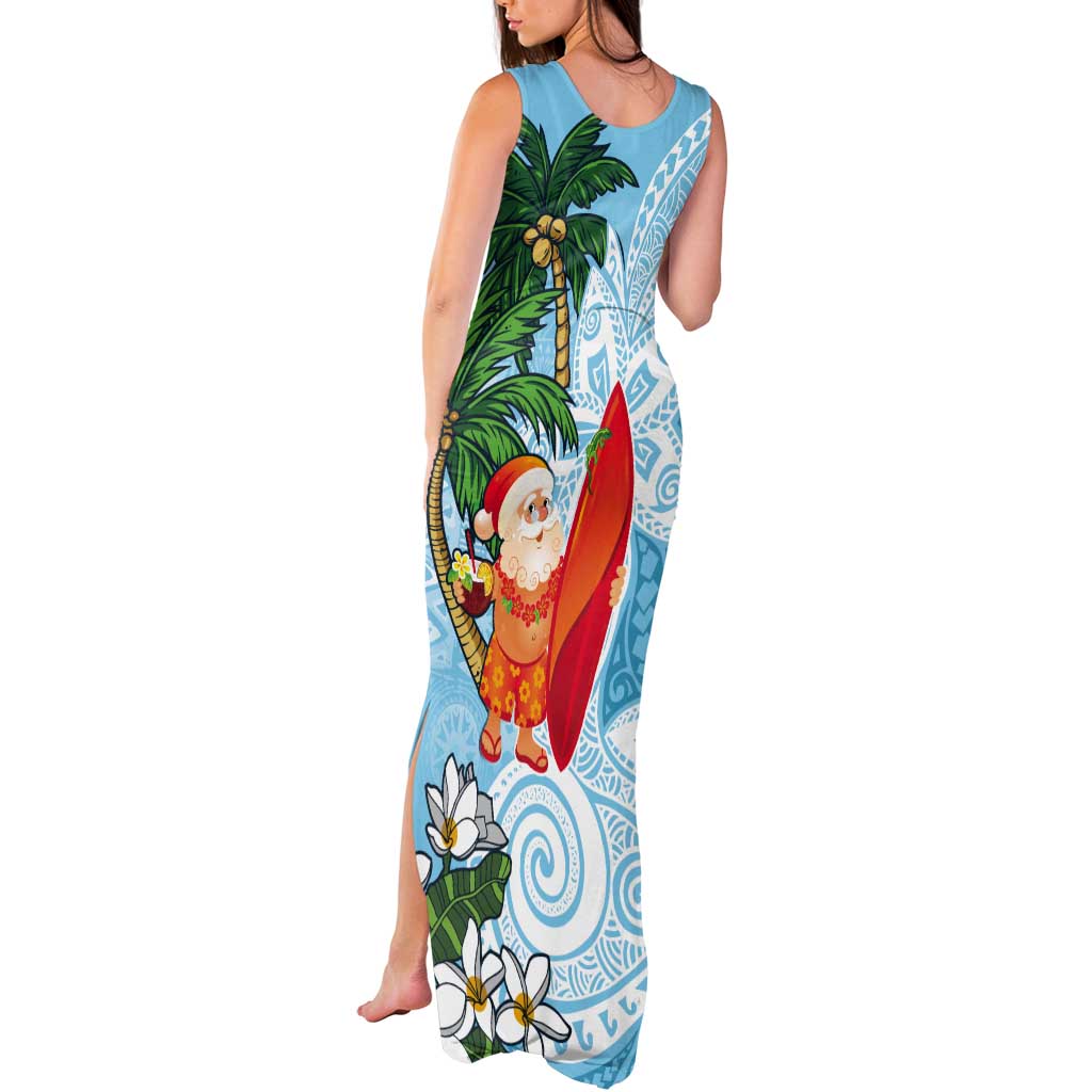 Polynesian Tank Maxi Dress Tropical Santa - Plumeria Turquoise Vintage