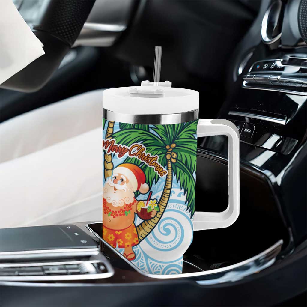 Polynesian Tumbler With Handle Tropical Santa - Plumeria Turquoise Vintage