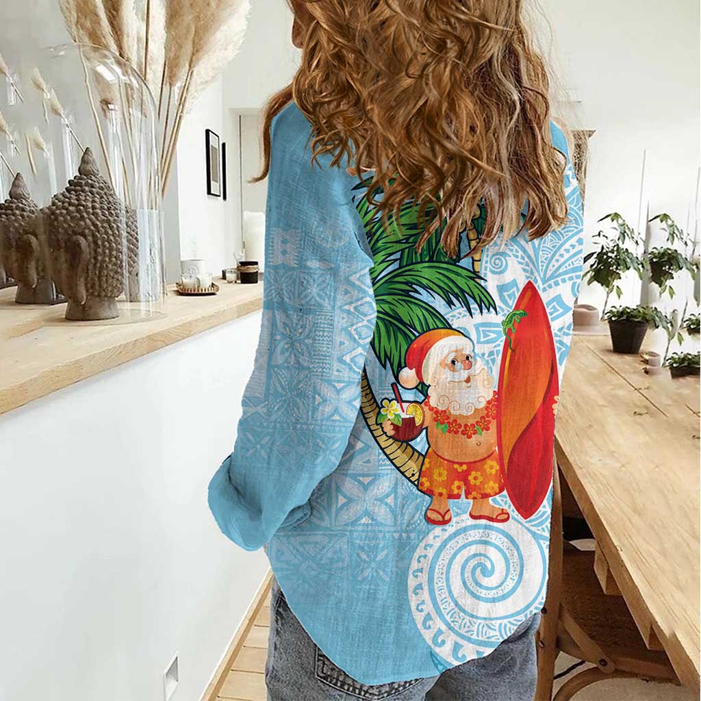 Polynesian Women Casual Shirt Tropical Santa - Plumeria Turquoise Vintage