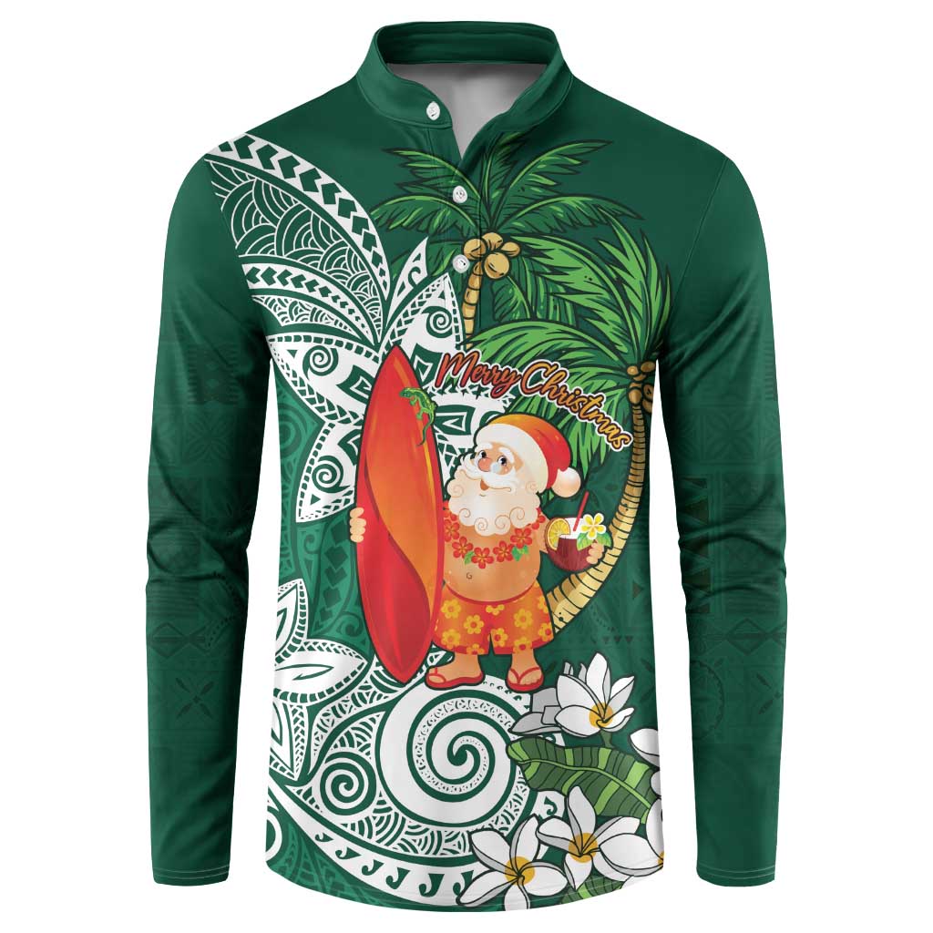 Polynesian Button Sweatshirt Tropical Santa - Plumeria Green Vintage