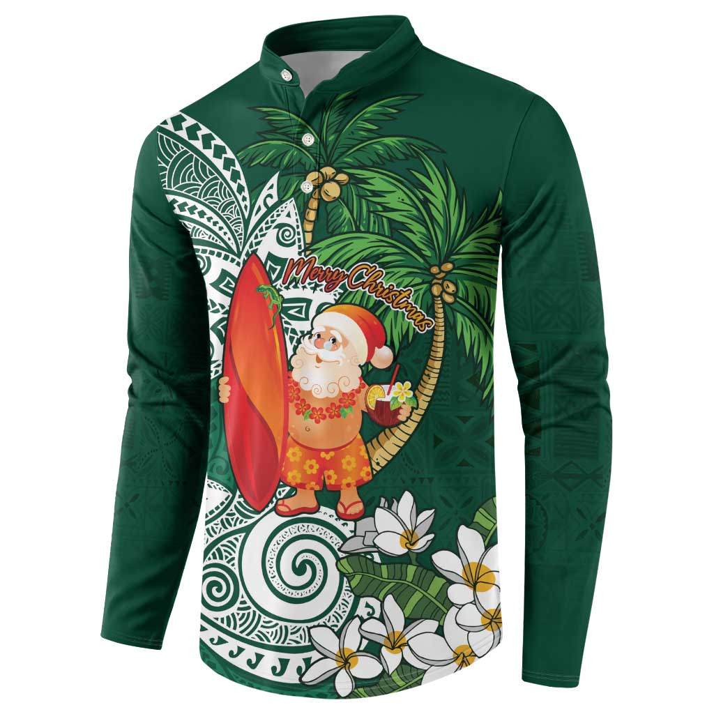 Polynesian Button Sweatshirt Tropical Santa - Plumeria Green Vintage
