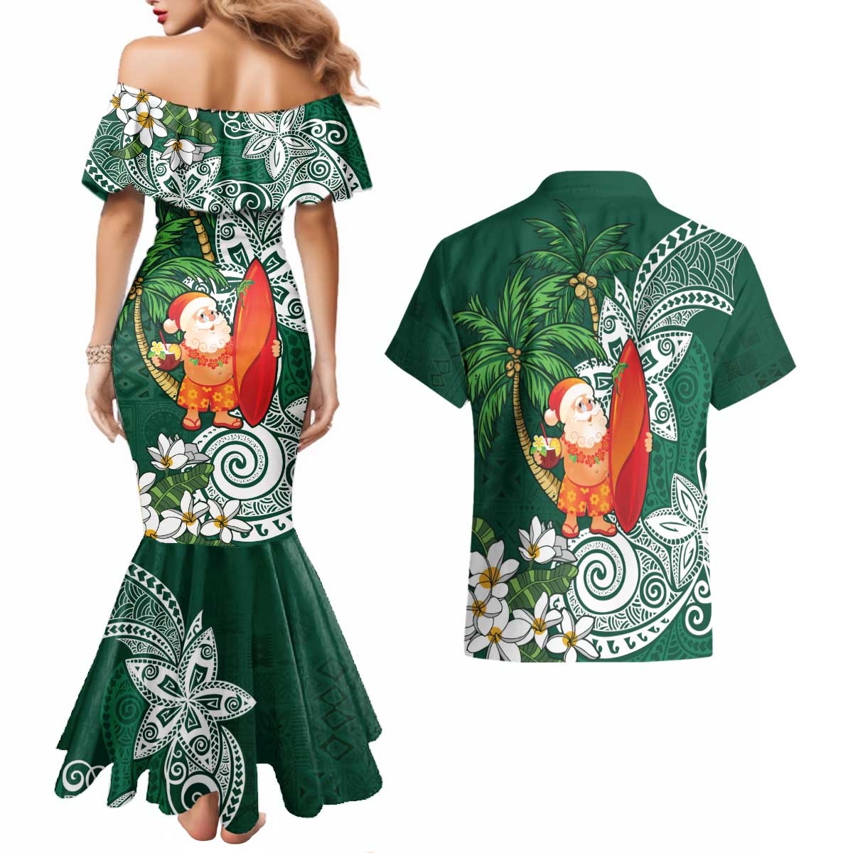 Polynesian Couples Matching Mermaid Dress and Hawaiian Shirt Tropical Santa - Plumeria Green Vintage
