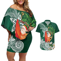 Polynesian Couples Matching Off Shoulder Short Dress and Hawaiian Shirt Tropical Santa - Plumeria Green Vintage