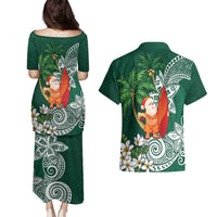 Polynesian Couples Matching Puletasi and Hawaiian Shirt Tropical Santa - Plumeria Green Vintage
