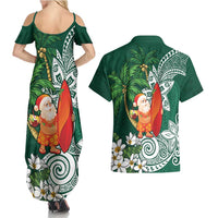 Polynesian Couples Matching Summer Maxi Dress and Hawaiian Shirt Tropical Santa - Plumeria Green Vintage