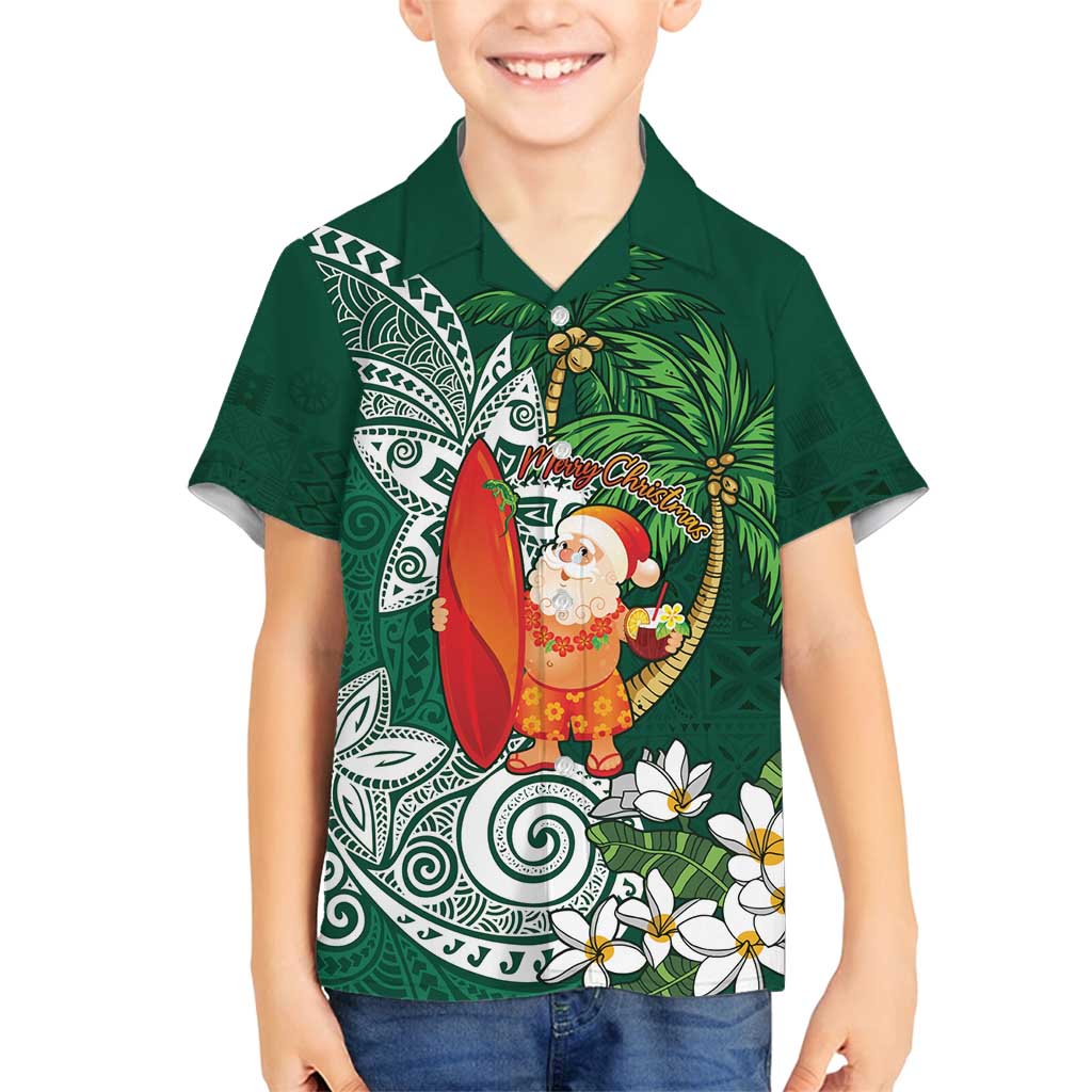 Polynesian Family Matching Long Sleeve Bodycon Dress and Hawaiian Shirt Tropical Santa - Plumeria Green Vintage