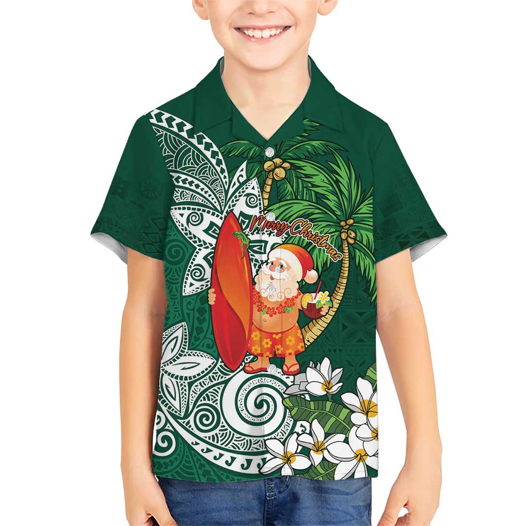 Polynesian Family Matching Short Sleeve Bodycon Dress and Hawaiian Shirt Tropical Santa - Plumeria Green Vintage