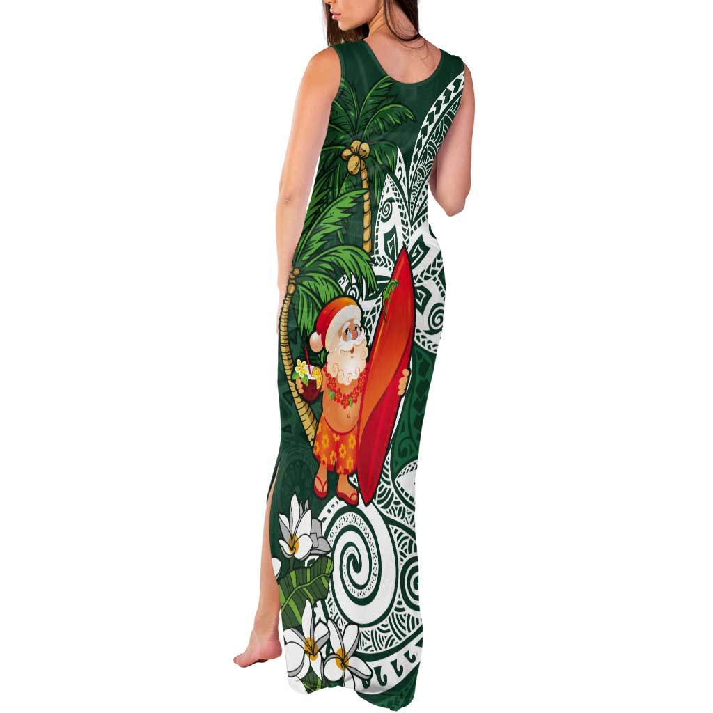 Polynesian Tank Maxi Dress Tropical Santa - Plumeria Green Vintage