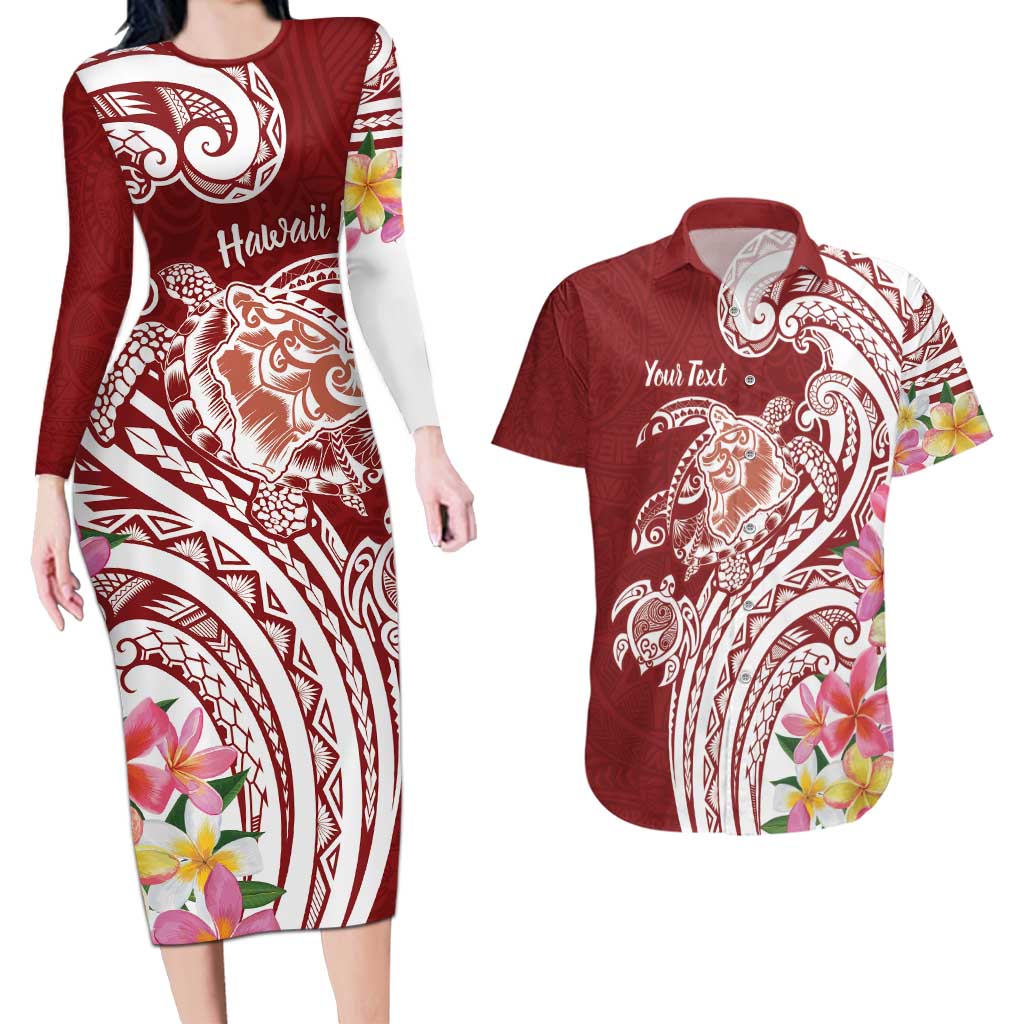 Aloha Hawaii Island Personalized Couples Matching Long Sleeve Bodycon Dress and Hawaiian Shirt Crimson Dreamy Turtle