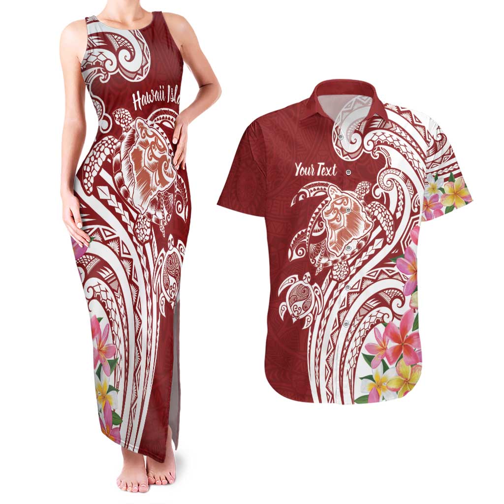 Aloha Hawaii Island Personalized Couples Matching Tank Maxi Dress and Hawaiian Shirt Crimson Dreamy Turtle