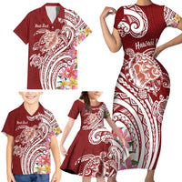 Aloha Hawaii Island Personalized Family Matching Short Sleeve Bodycon Dress and Hawaiian Shirt Crimson Dreamy Turtle