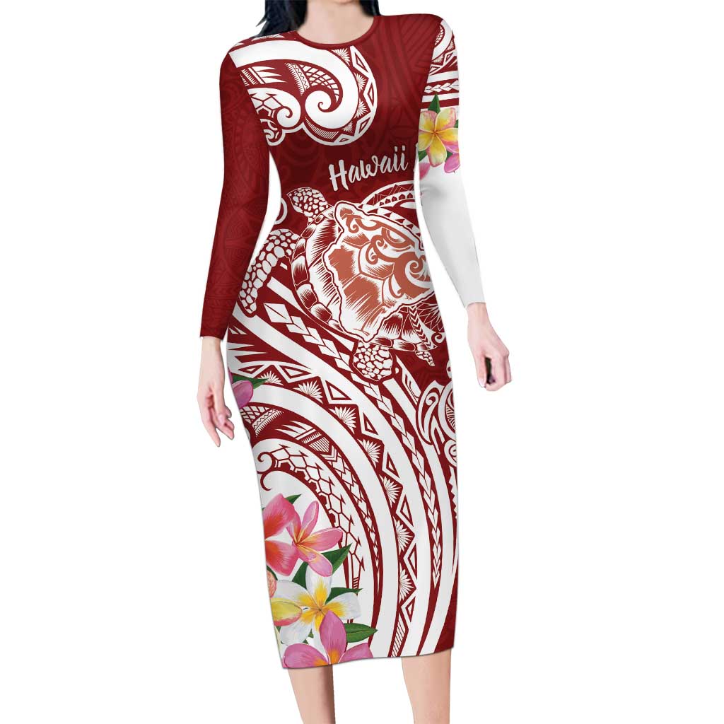 Aloha Hawaii Island Personalized Long Sleeve Bodycon Dress Crimson Dreamy Turtle